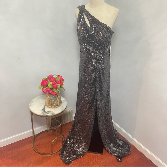 # Rene Ruiz Collection Gunmetal Color One Shoulder Sequined Gown With High Slit - Picture 7 of 16